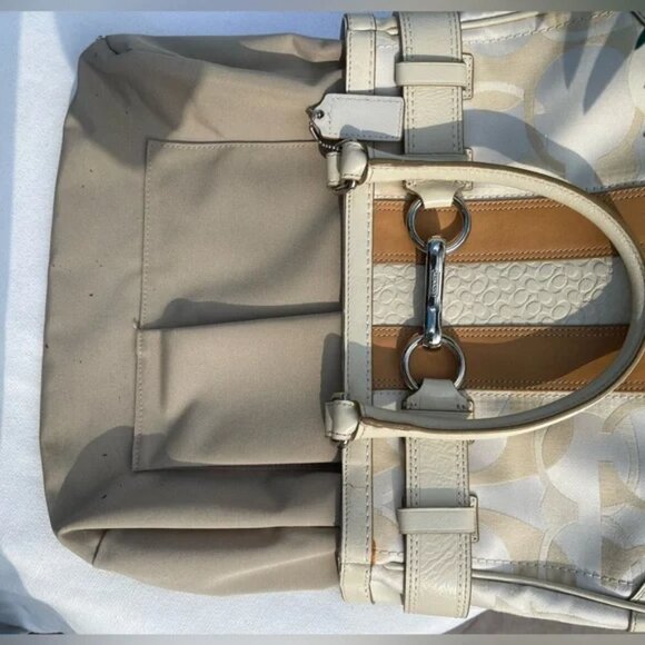 COACH Monogramed Cream & Tan Hamilton Tote Handbag Purse Silver Hardware GUC - Picture 8 of 11